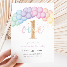 Pastel Rainbow Ballon Arch 1. Geburtstag Party Einladung