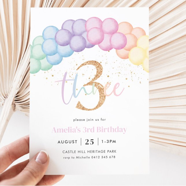 Pastel Rainbow Balloon Arch 3. Geburtstag Party Einladung (Von Creator hochgeladen)