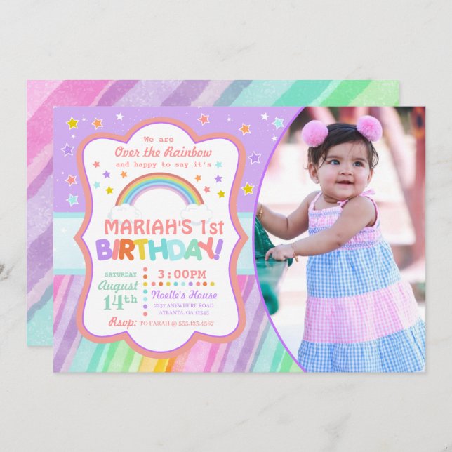 Pastel Rainbow Birthday Foto Einladung (Vorne/Hinten)