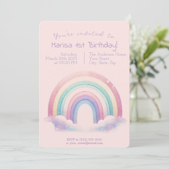 Pastel Rainbow Birthday Invitation - Party Invite Einladung (Stehend Vorderseite)