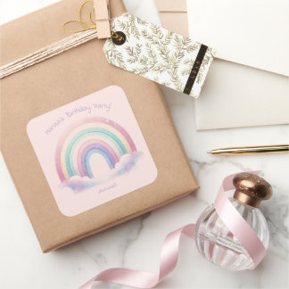 Pastel Rainbow Birthday Party Square Stickers