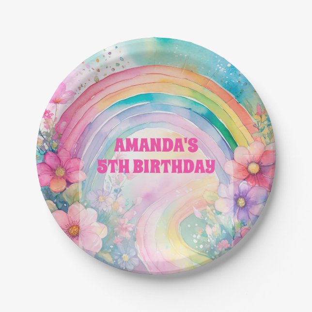Pastel Rainbow Blume Let's Party Retro Birthday Pappteller (Vorderseite)