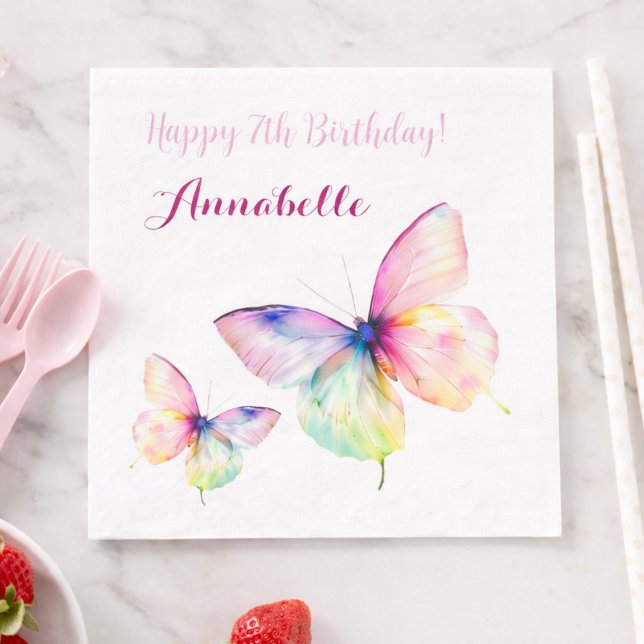 Pastel Rainbow Butterfly 7th Birthday Party Girl Serviette (Von Creator hochgeladen)