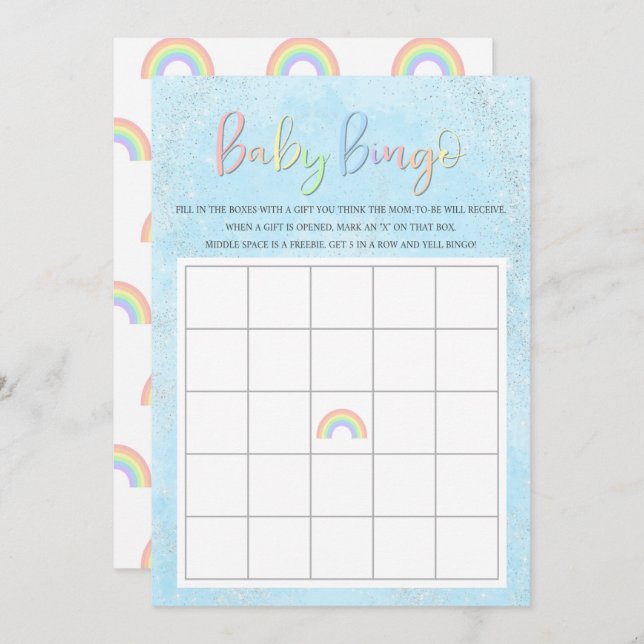 Pastel Rainbow & Clouds Baby Bingo Einladung (Vorne/Hinten)