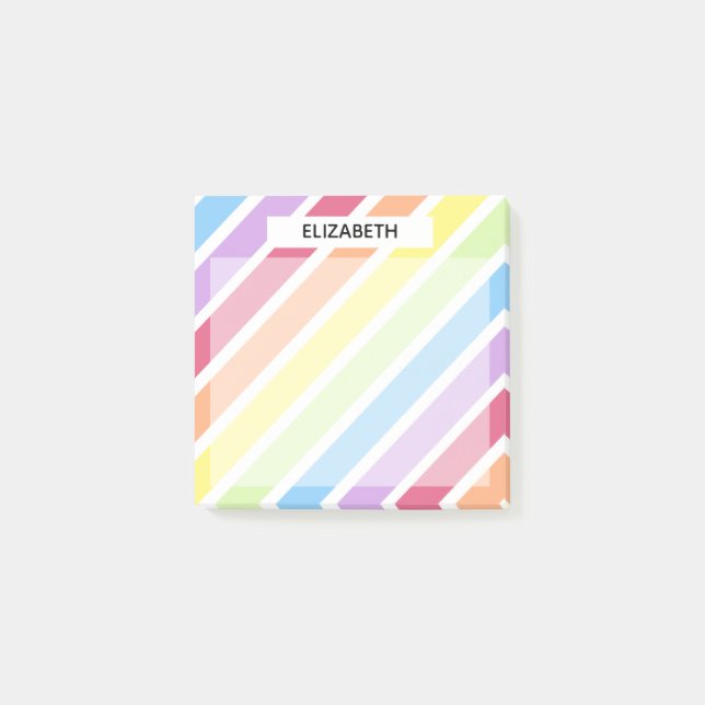 Pastel Rainbow Diagonal Streifen Name | Personalis Post-it Klebezettel (Vorderseite)