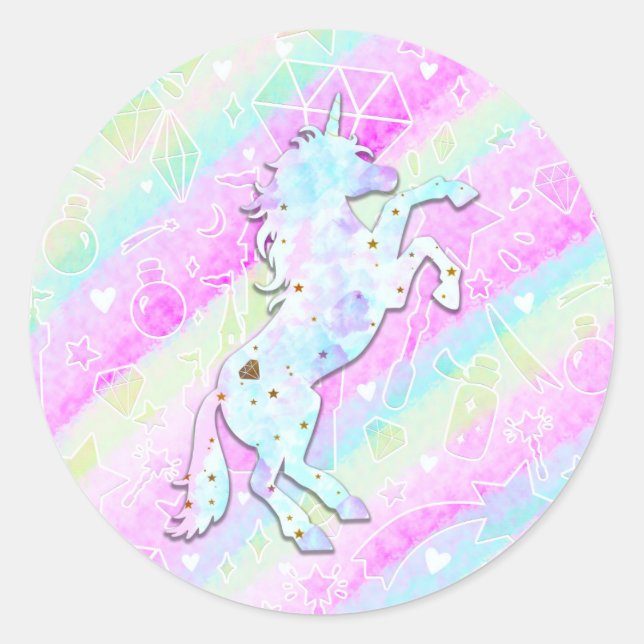 Pastel Rainbow Diamonds & Stars Magisches Einhorn Runder Aufkleber (Vorderseite)