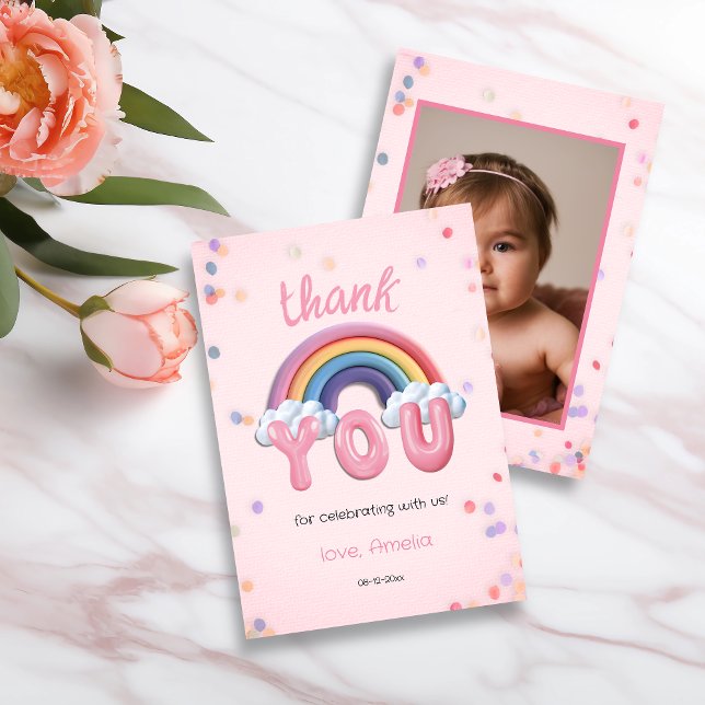 Pastel Rainbow First Birthday Thank You Photo Card Dankeskarte (Von Creator hochgeladen)