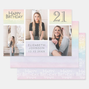 Pastel Rainbow Foto Collage 21. Geburtstag Geschenkpapier Set
