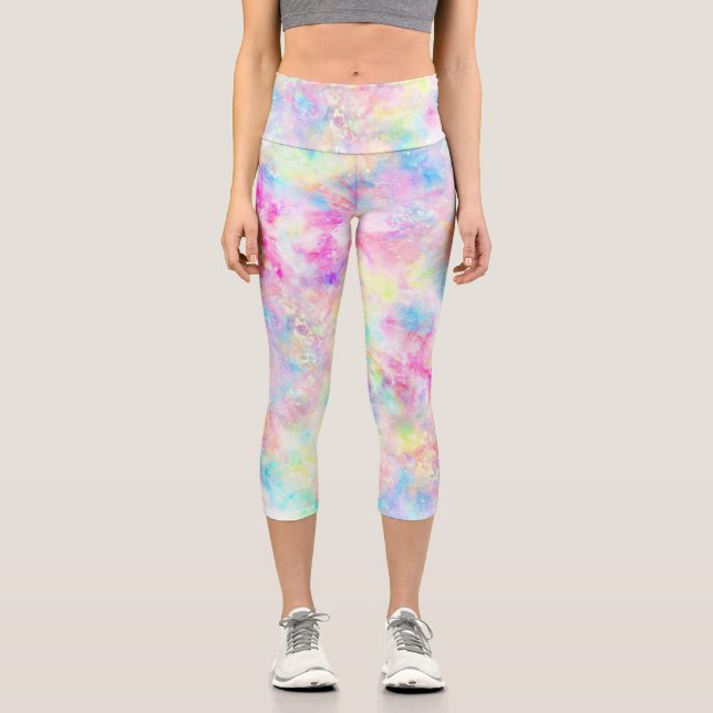 Pastel Rainbow Gefärbte Krawatte Wasserfarbe Capri Leggings (Vorderseite)