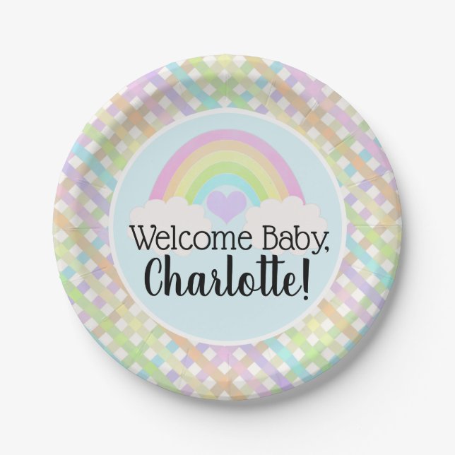 Pastel Rainbow Gingham Welcome Baby Shower Pappteller (Vorderseite)