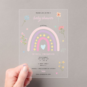 Pastel Rainbow Girl Wildblumen Herz Babydusche Acryleinladungen