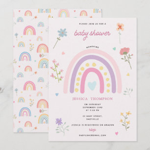 Pastel Rainbow Girl Wildblumen Herz Babydusche Einladung