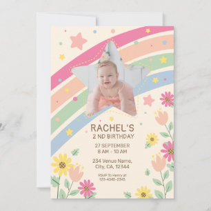 Pastel Rainbow Girl's Foto Niedliche Geburtstag Pa Einladung