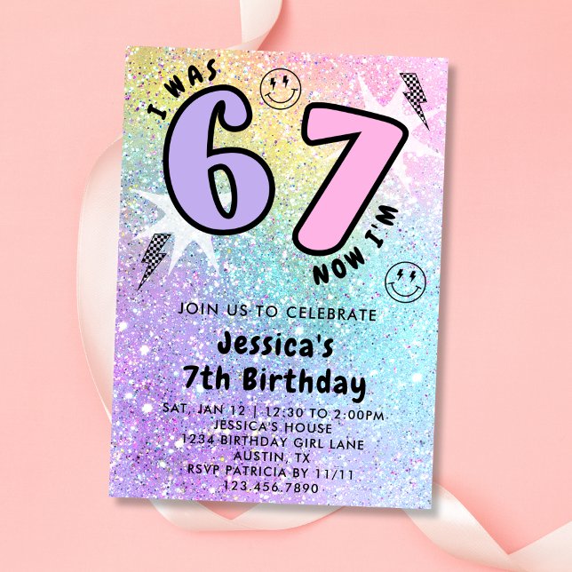 Pastel Rainbow Glitter 6 7 Girl Birthday Party  Einladung (Von Creator hochgeladen)