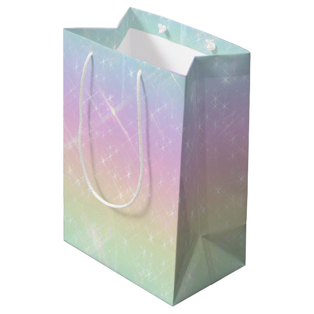 Pastel Rainbow Glitzern Muster Mittlere Geschenktüte (Rückseite Schrägansicht)