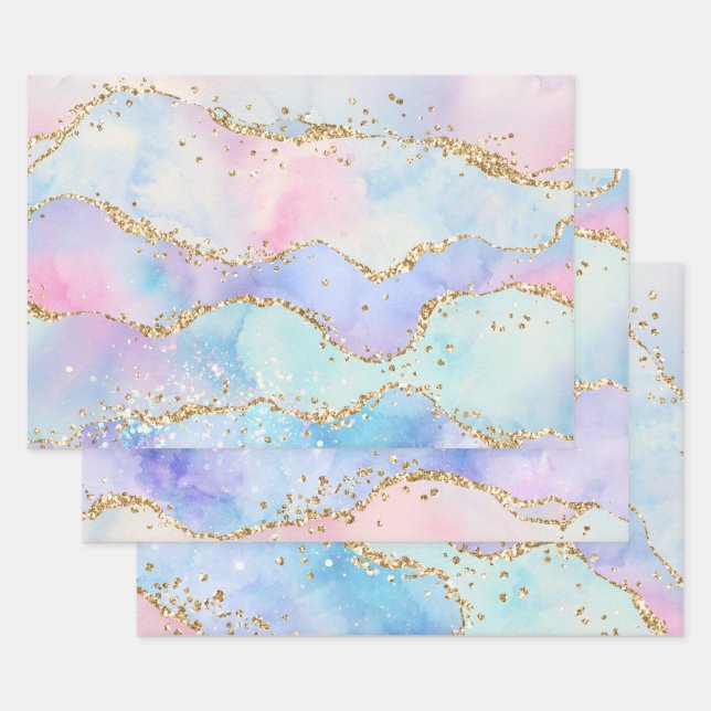 Pastel Rainbow & Gold Glitzer Agate Geschenkpapier Set (Set)