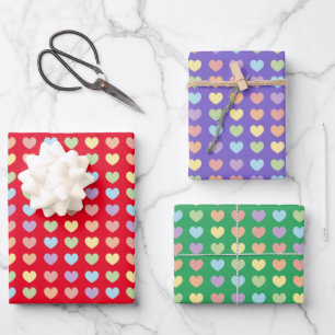 Pastel Rainbow Hearts Pattern Kids Geschenkpapier Set
