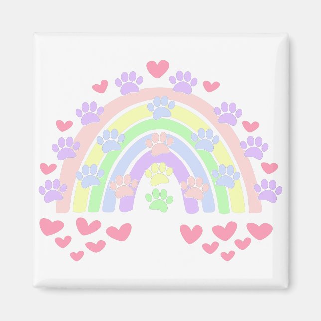 Pastel Rainbow Hearts und Dog Paw Prints Magnet (Vorne)