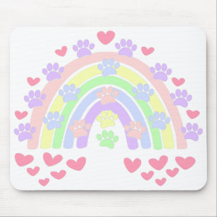 Pastel Rainbow Hearts und Dog Paw Prints Mousepad