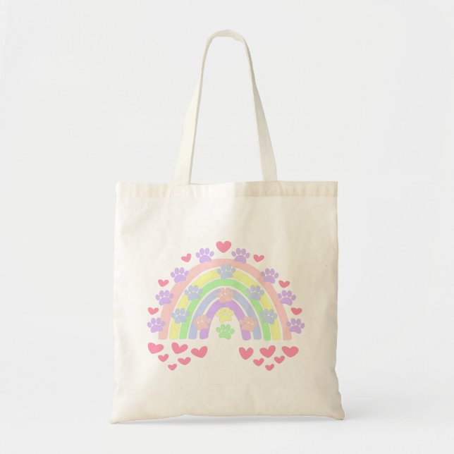 Pastel Rainbow Hearts und Dog Paw Prints Tote Bag Tragetasche (Vorne)