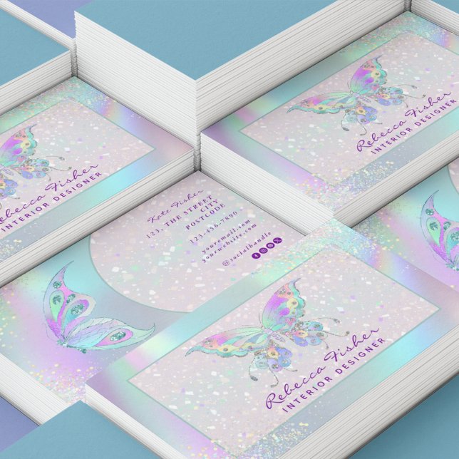 Pastel Rainbow Holographic Butterfly Business Card Visitenkarte (Von Creator hochgeladen)