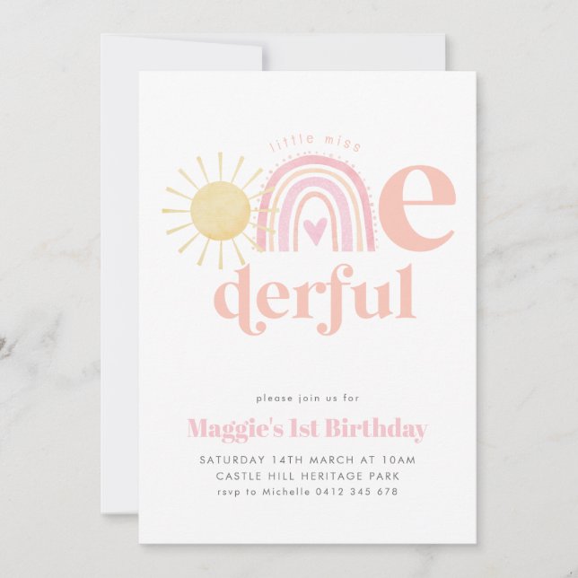 Pastel Rainbow Little Miss ONEderful 1. Geburtstag Einladung (Vorderseite)
