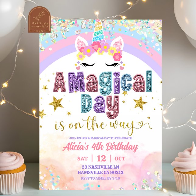 Pastel Rainbow Magical Unicorn girl birthday  Einladung (Von Creator hochgeladen)