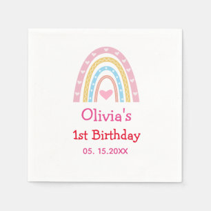 Pastel Rainbow mit Herzen Erster Geburtstag Serviette