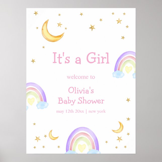 Pastel Rainbow Moon Star Baby Dusche Willkommen Poster (Vorne)
