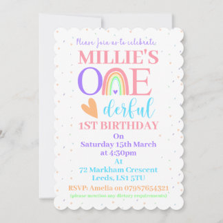 Pastel Rainbow ONEderful 1. Geburtstag Party Einla Einladung