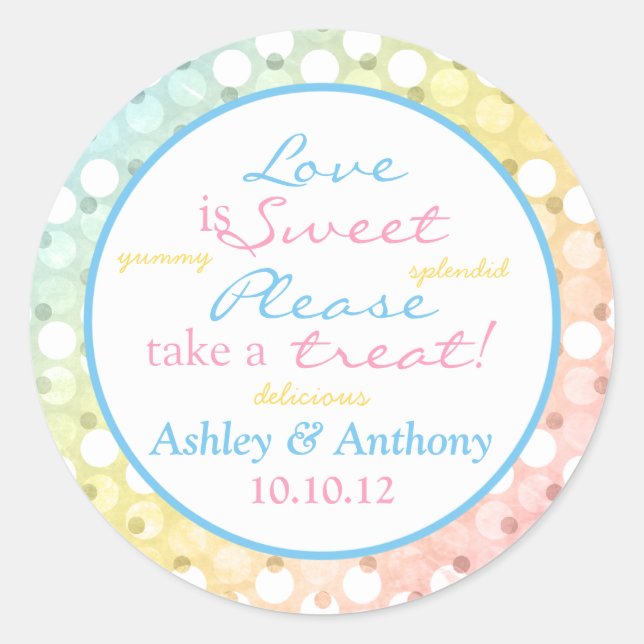 Pastel Rainbow Polka Dot Candy Buffet Stickers (Vorderseite)