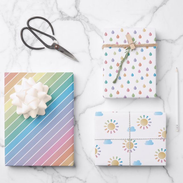 Pastel Rainbow Raindrops und Sunshine Baby Shower Geschenkpapier Set (Vorderseite)