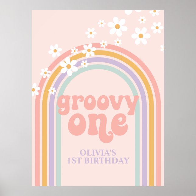 Pastel Rainbow Retro Groovy 1. Geburtstag Poster (Vorne)