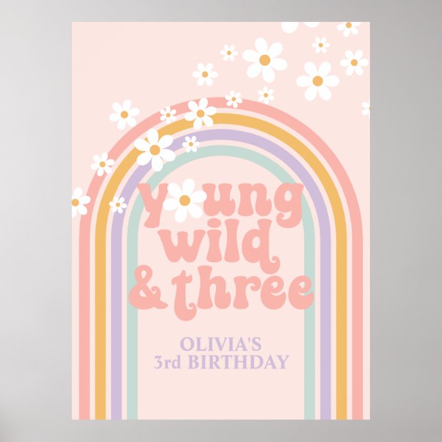 Pastel Rainbow Retro Young Wild 3. Geburtstag Poster (Vorne)