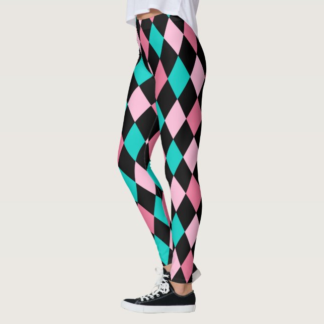 Pastel Rainbow Rhombusse Black Pink Blue Harlequin Leggings (Links)