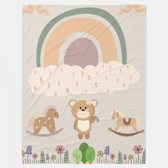 Pastel Rainbow & Rocking Horse Nursery Scene Fleecedecke (Vorderseite)