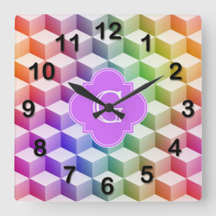 Pastel Rainbow Shaded 3D Cubes Lilac Monogram Quadratische Wanduhr