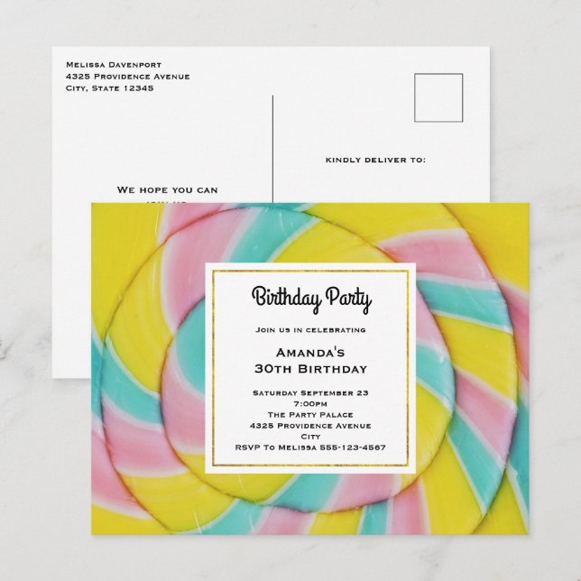 Pastel Rainbow Spiral Candy Birthday Party Postkarte (Vorne/Hinten)