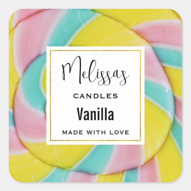 Pastel Rainbow Spiral Candy Foto Candle Biz Quadratischer Aufkleber (Vorderseite)