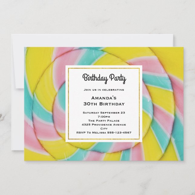 Pastel Rainbow Spiral Candy Geburtstag Einladung (Vorderseite)
