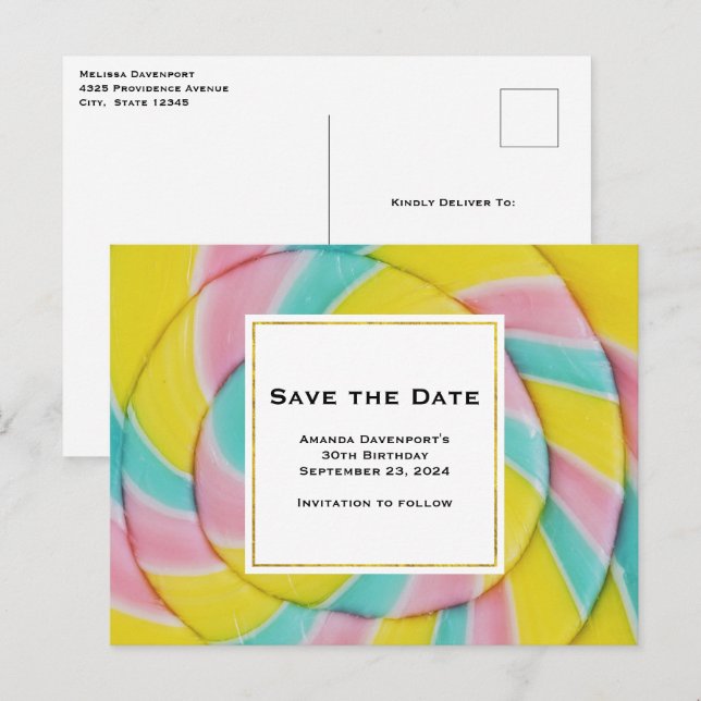 Pastel Rainbow Spiral Save the Date Candy Einladungspostkarte (Vorne/Hinten)