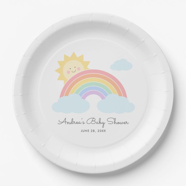 Pastel Rainbow Sunshine Baby Dusche oder Geburtsta Pappteller (Vorderseite)