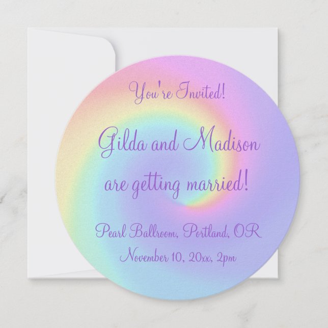 Pastel Rainbow Swirl Lesbian Wedding Einladung (Vorderseite)