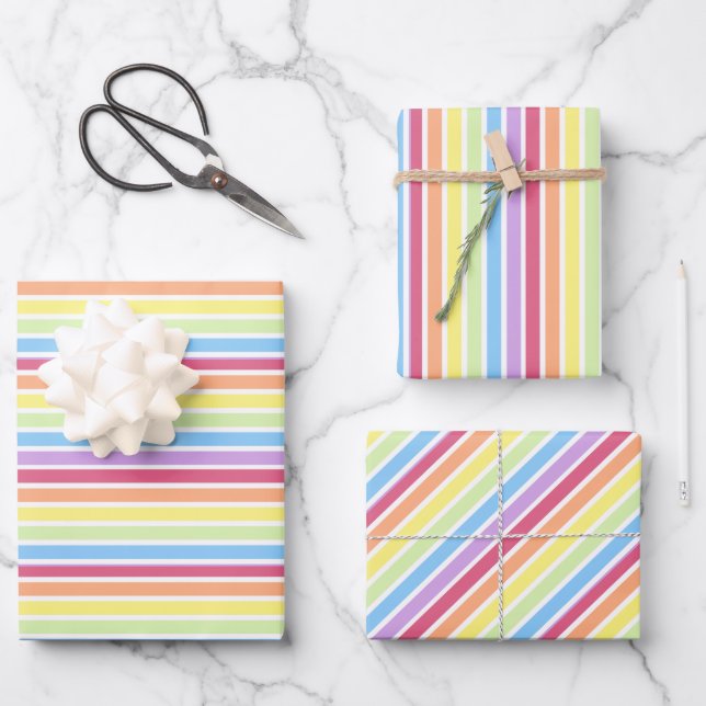 Pastel Rainbow Thin Stripes Geschenkpapier Set (Vorderseite)