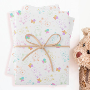 Pastel Rainbow Tossed Teddy Bears mit Herz Geschenkpapier Set