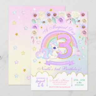 Pastel Rainbow Unicorn Dritter Geburtstag Einladun Einladung