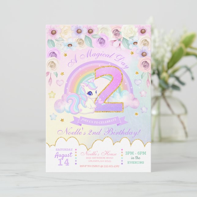 Pastel Rainbow Unicorn Einladung (Stehend Vorderseite)