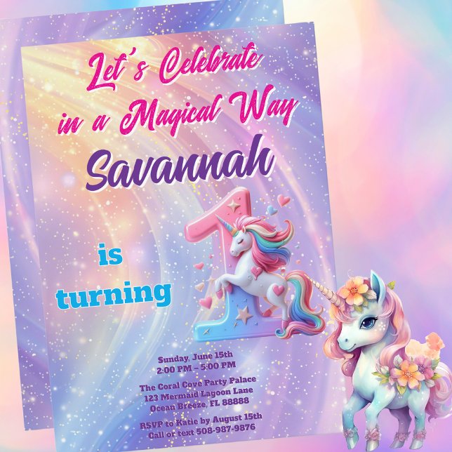 Pastel Rainbow Unicorn Einladung zum ersten Geburt (Magical Unicorn Birthday Party Invitation)