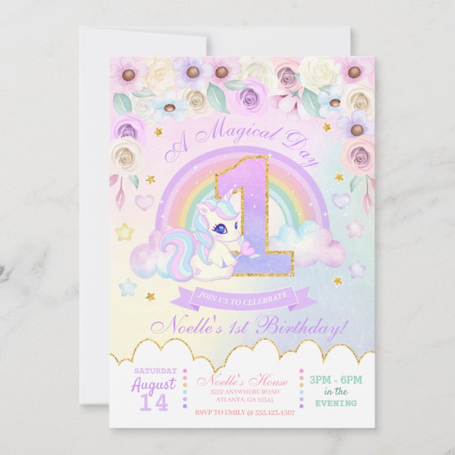 Pastel Rainbow Unicorn Einladung zum ersten Geburt (Vorderseite)