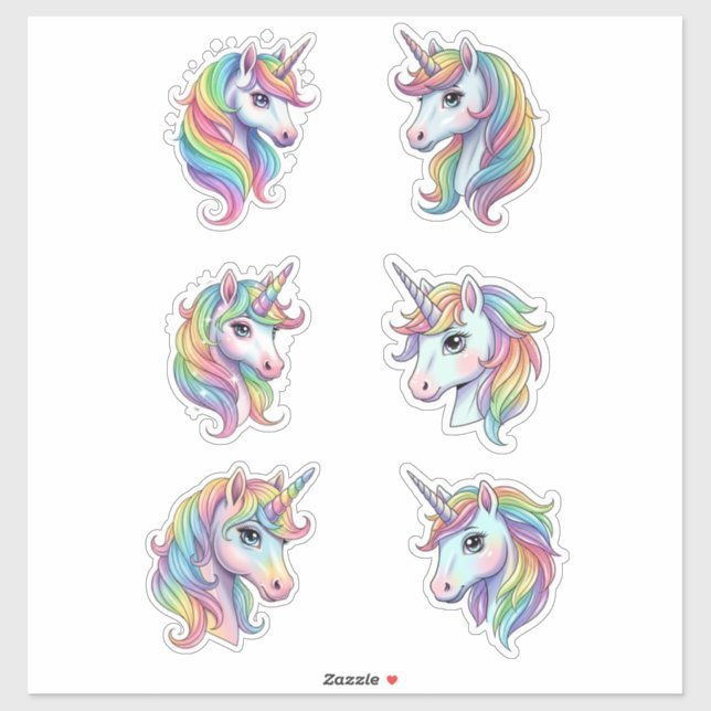 Pastel Rainbow Unicorn Faces Vinyl Sticker (Blatt)